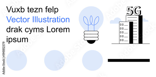 Wireless technology, innovation, connectivity, smart city, creative ideas, digital infrastructure. Light bulb with sprouts and 5G building. Wireless technology and innovation concept