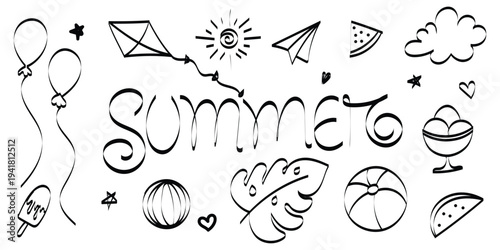 summer doodle elements set with hand drawn summer text, beach icons balloon kite sun watermelon tropical leaf outline illustration