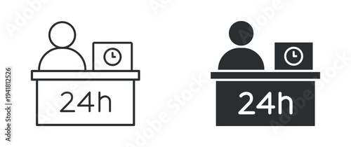 24 Hour Reception Desk Icon, Customer Service Counter with Clock, Outline and Solid Vector