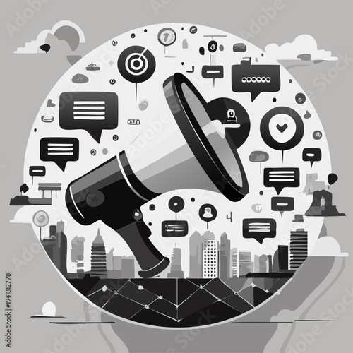 Black and white megaphone illustration graphic.
