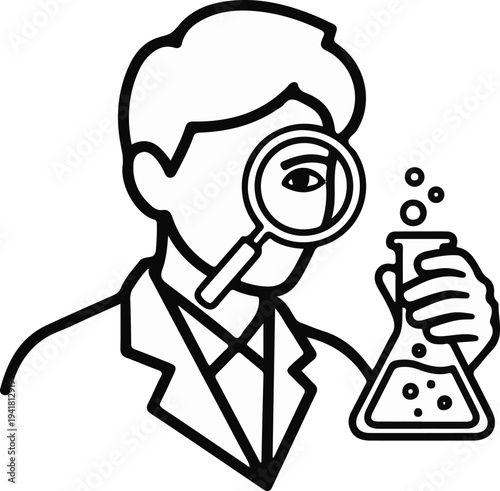 Scientist examines bubbly liquid in flask with magnifying glass
