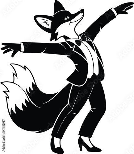 Black and white of a dancing anthropomorphic fox wearing a suit and heels