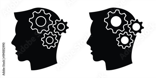 Head icon with gears. Man and gear icon. Thinking symbol. Vector illustration