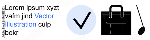 Business tools, task completion, approval, culinary design, organization, professional services. Check mark, briefcase and spoon icons displayed in a minimalist layout. Business tools and task