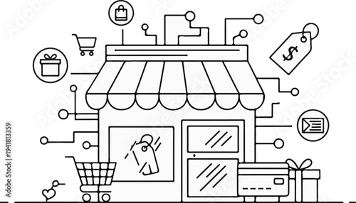 Schematic of an online store with shopping cart, gift, price tag, credit card