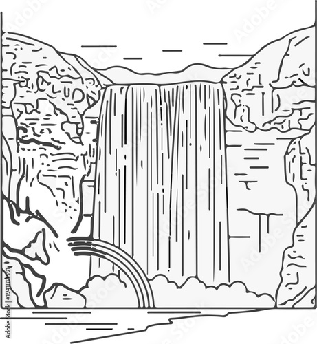 Scenic waterfall cascading down rocky cliffs with a rainbow and misty base