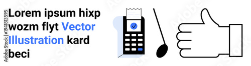 Financial transactions, digital payments, customer approval, business solutions, feedback, retail. POS machine with transaction receipt and thumbs-up symbol. Digital payments and customer approval