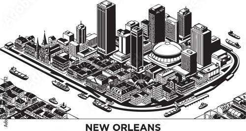 Aerial view of new orleans city skyline sketch featuring famous landmarks and harbor ships