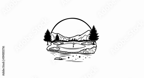 Scenic golf course with mountains, trees, and water feature