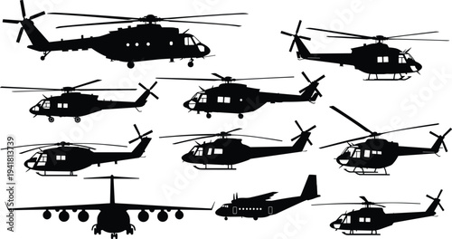 Mega collection of black airplane and helicopter silhouettes featuring various aircraft types like military choppers and transport planes on white,