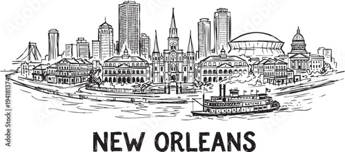 Classical new orleans city sketch with iconic landmarks and historical riverboat transport