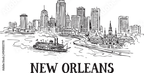 Detailed architectural sketch of new orleans skyline with riverboat moving along shoreline