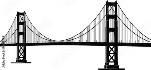 Black silhouette of the Golden Gate Bridge featuring detailed suspension cables and iconic art deco towers isolated on white background,