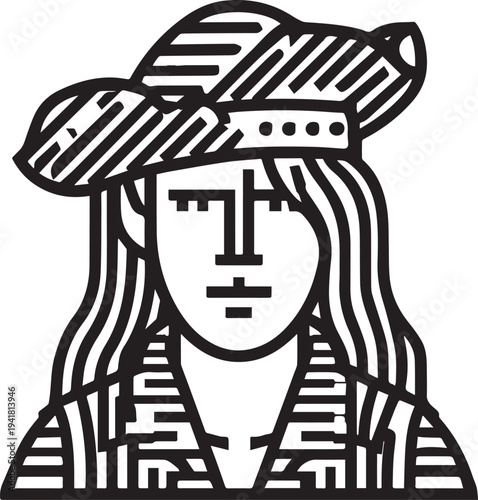 Hand Drawn Woman Pirate Black and White Avatar Illustration in Minimal Line Art Style Design