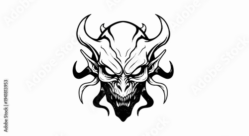 Scary monster face with horns and sharp teeth, black and white
