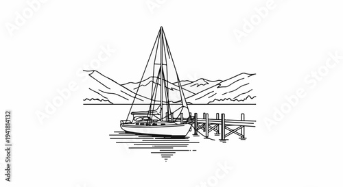 Sailboat moored at wooden dock with distant mountains and reflective water