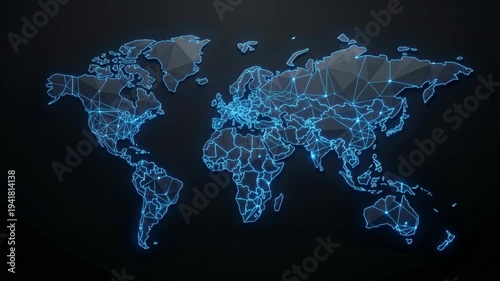 Glowing neon blue world map network with polygonal regions and interconnected nodes forming global communication web