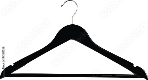 Black silhouette illustration of clothes hanger with triangular shape, curved arms, and hook, symbolizing fashion, wardrobe, retail, clothing organization, and minimalist design concepts