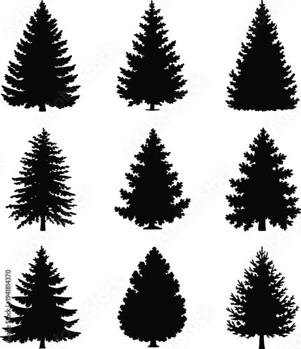 Black silhouette illustration of nine pine trees arranged in a grid, showcasing diverse shapes and branch structures for forest, botanical, eco‑friendly, and design concepts