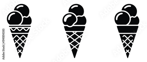 Collection of Ice Cream Silhouette Icon Vector Set, professional vector pack showing frozen dessert symbols including cones and scoops, scalable graphics perfect for ice cream shop logos, menu design,