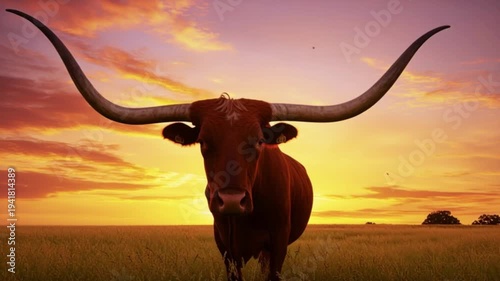 Texas longhorn bull standing in open prairie at sunset dramatic sky landscape. Powerful horned cattle with massive curved horns facing camera in golden hour light, American ranch livestock symbol in w