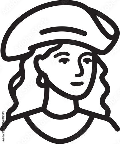 Hand Drawn Woman Pirate Black and White Avatar Illustration in Minimal Line Art Style Design