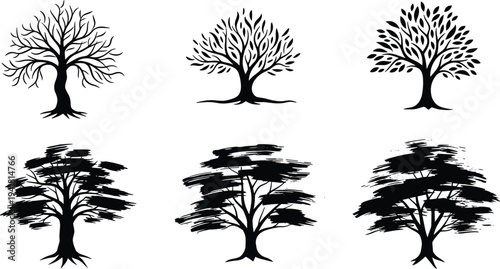 Set of artistic tree silhouettes with bare branches and brush stroke foliage isolated on white background for nature design