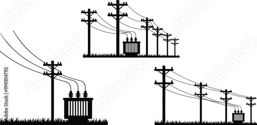 Three illustrations of electrical distribution systems with utility poles, transformers, and power lines in grassy terrain, representing three‑phase electricity transmission 