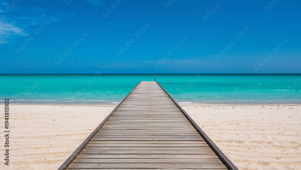 Fototapeta premium Wooden pier leading to turquoise ocean waters and sandy beach under a clear blue sky