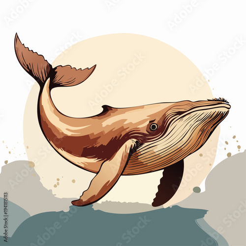 Large Brown Whale Swimming Underwater Ocean.