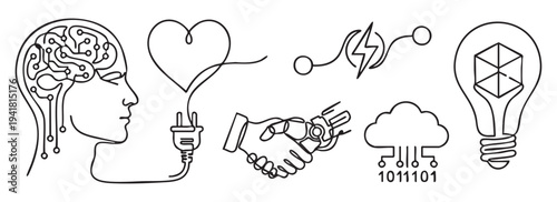 Artificial intelligence and digital technology collection with human brain circuit robot handshake and cloud computing line art on a transparent background.