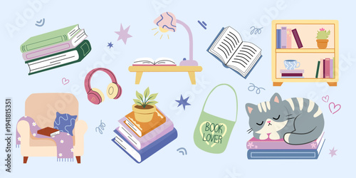 Cozy reading clipart set with books, cat, lamp and home decor. Collection includes books, open book, desk lamp, bookshelf, armchair, headphones, tote bag, plant, and sleeping cat