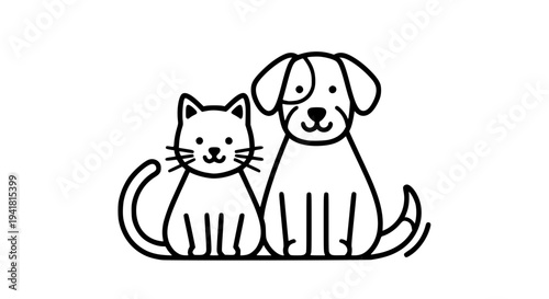 Cat and dog sitting together in a clean line art style, with simple shapes and outlines, symbolizing pet friendship