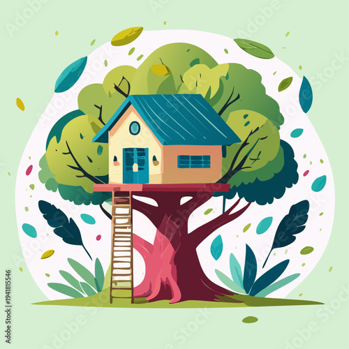 Treehouse with Ladder and Leaves Surrounding.