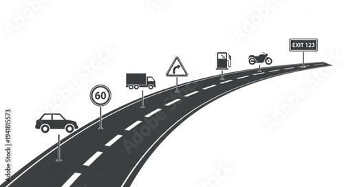 Roadway Illustration with Various Vehicles and Road Signs Depicted.