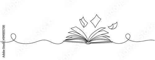 Open book with pages turning in continuous line on white background