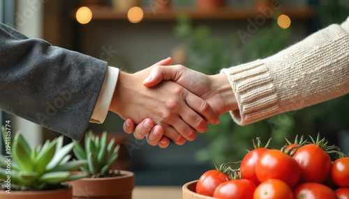 Two people shake hands over fresh tomatoes and plants. This signifies a deal or partnership in farming or food business. Agreement finalized, trust established, and cooperation begins.