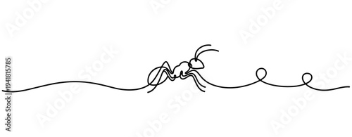 Ant walking along continuous line across white background