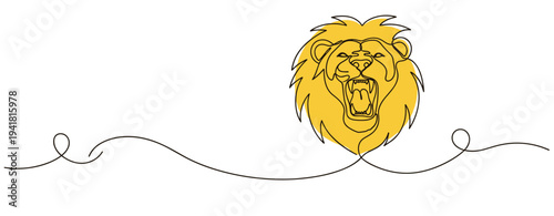 Roaring lion head emblem in minimalist continuous line art