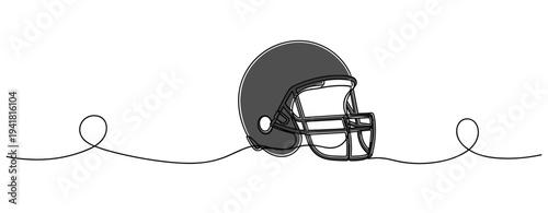 Football helmet resting on continuous line illustration in white