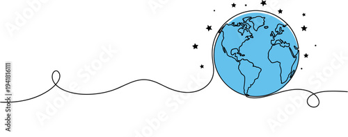 Earth globe illustrated in continuous line with stars on white