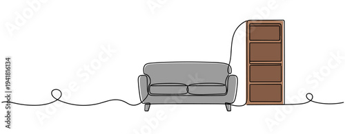 Gray sofa positioned beside tall bookshelf on white background