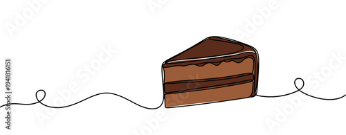 Chocolate cake slice resting on decorative continuous line