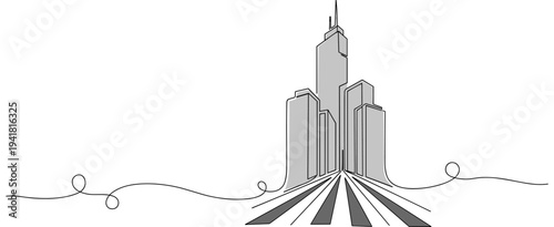 Skyscraper cluster rising from road in continuous line drawing scene
