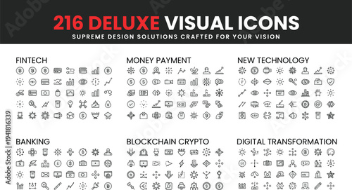 216 deluxe visual icons, supreme design solutions, fintech, money payment, new technology, banking, blockchain crypto, digital transformation, vector pack