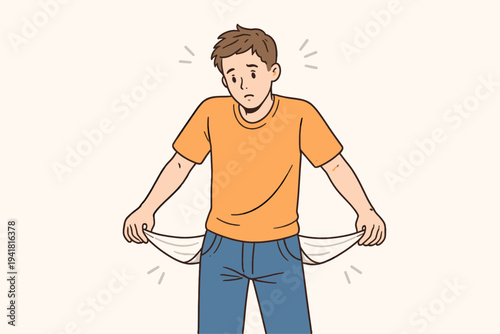 Sad Broke Young Man Showing Empty Pockets, Flat Vector Illustration Representing Financial Crisis, Poverty, Unemployment, Debt, Bankruptcy, and Economic Hardship, Isolated on White Background