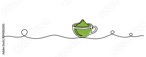 Green tea cup resting on continuous line white background