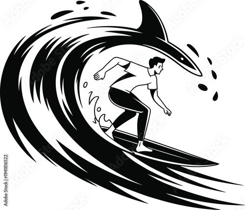 Man surfing on a wave with a dolphin surfer black and white
