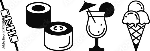 Black and white icons of wheat camera cocktail and ice cream