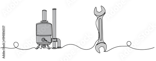 Boiler and wrench undergoing maintenance in workshop scene